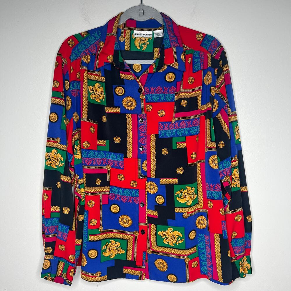 VTG 90s Alfred Dunner Color Block Button Up Blouse Baroque Chain Print Women 18W